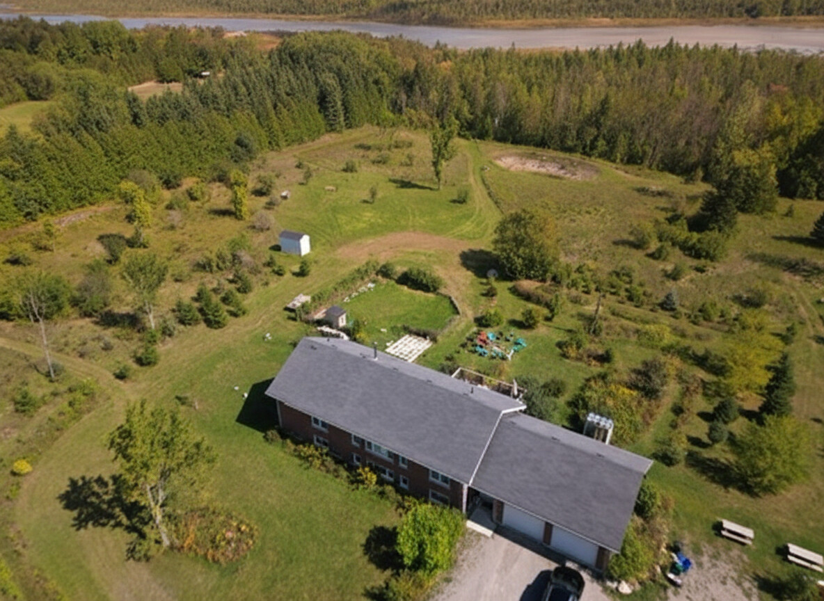 Aerial view over the farmhouse and gardens